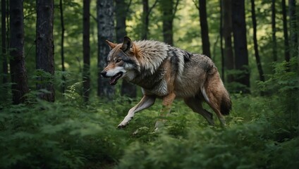 Wolf in the foreground runs in the forest in summer