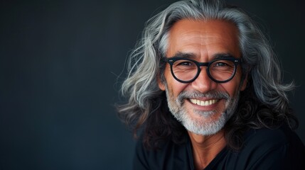 A man with long gray hair and a beard wearing black glasses smiling at the camera with a relaxed and content expression.