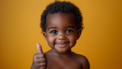 African toddler giving a thumbs up against a brown background, radiating positivity and cute gestures