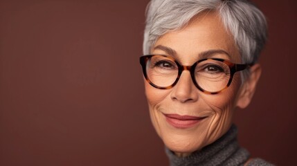 Fototapeta na wymiar A smiling woman with silver hair and glasses wearing a turtleneck against a warm brown background.