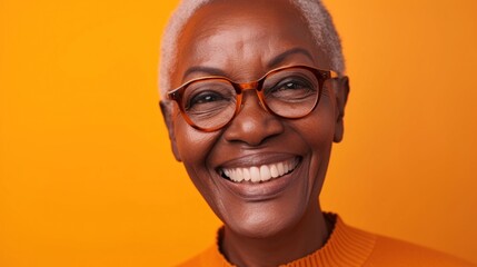 Smiling elderly woman with short gray hair wearing glasses against orange background.