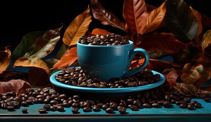 Roasted coffee beans in a glass and on a table with a black background surrounded by coffee leaves