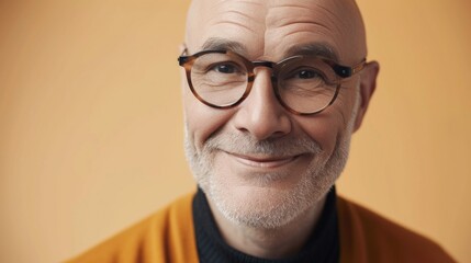 Smiling man with glasses and gray beard wearing a black turtleneck and an orange sweater against a warm orange background.