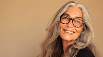 Gray-haired woman with glasses smiling against a beige background.