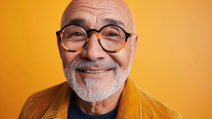 Smiling bald man with glasses and white beard wearing yellow jacket against orange background.