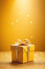 Obraz na płótnie Canvas Shining sparkles glitter yellow background giftbox, golden, ribbon , plane background template vertical