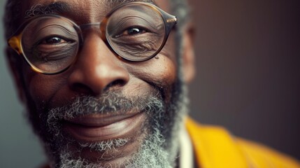 A close-up of a smiling man with glasses and a gray beard wearing a yellow shirt against a blurred background.