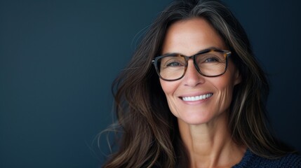 Fototapeta na wymiar Smiling woman with glasses long brown hair and a blue background.