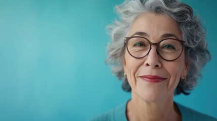 Woman with gray hair wearing glasses smiling against a blue background.