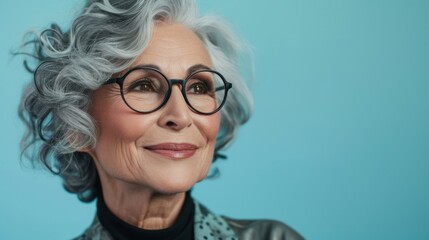 Elegant older woman with gray hair wearing glasses smiling against a blue background. - 731845370