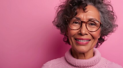 Obraz premium Smiling woman with curly gray hair and glasses wearing a pink turtleneck against a pink background.