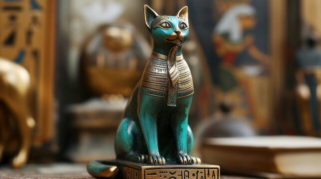 Egyptian cat statue in gold and turquoise with hieroglyphs