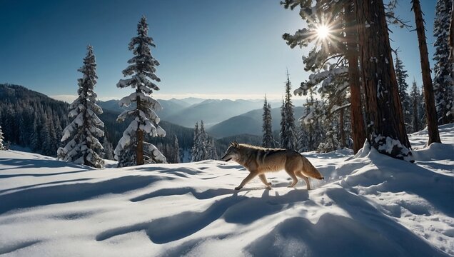 A wolf walking in the mountains among the snow-filled trees