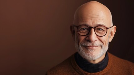 Obraz premium A bald man with a white beard and mustache wearing glasses and a brown tu rtleneck sweater smiling warmly at the camera.