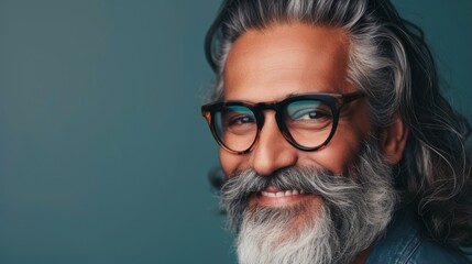 A man with a gray beard and mustache wearing glasses smiling against a blue background.