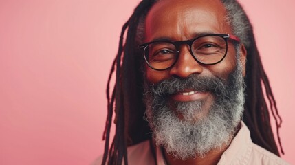 The image shows a smiling man with a gray beard and dreadlocks wearing glasses and a pink shirt set against a pink background. - Powered by Adobe