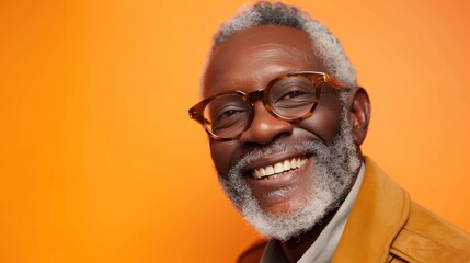 Smiling elderly man with white beard and glasses wearing a brown jacket against an orange background. - 731845588