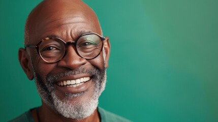 Smiling older man with glasses and gray beard against green background. - obrazy, fototapety, plakaty