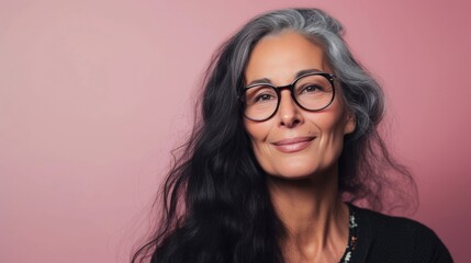 Obraz premium A woman with gray hair wearing glasses smiling at the camera against a pink background.