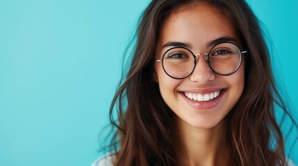 Smiling young woman with glasses and long brown hair against a blue background. - 731845933