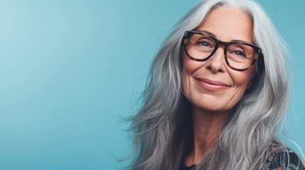 Naklejka premium Woman with gray hair and glasses smiling against a blue background.