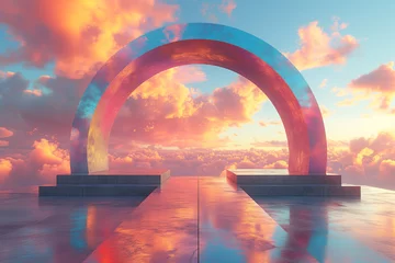 Fotobehang 3d render of fiery orange arch reflects on a smooth water surface, creating a gateway to the vibrant sunset sky filled with fluffy clouds. © pprothien