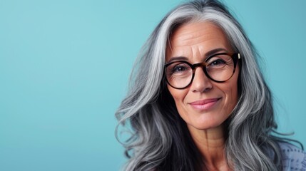 A woman with gray hair wearing glasses smiling against a blue background.