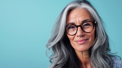 Obraz premium A woman with gray hair wearing glasses smiling against a blue background.