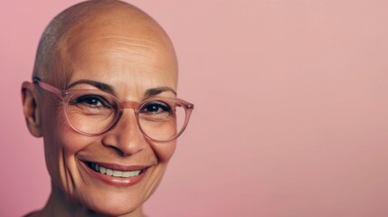Smiling woman with short hair and glasses against pink background.