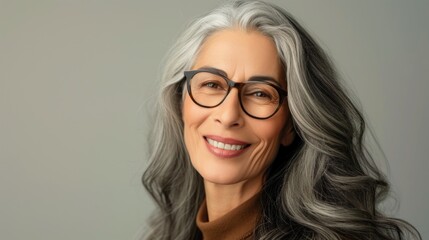 Smiling woman with gray hair and glasses wearing brown turtleneck against soft gray background.