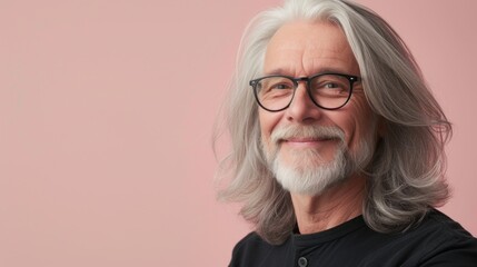 A man with long gray hair and a beard wearing glasses smiling at the camera against a pink background.