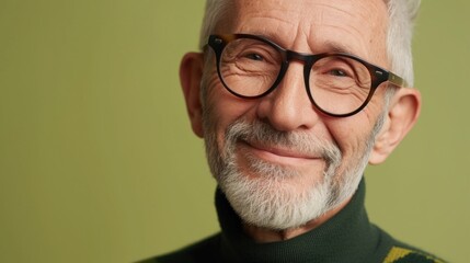 Smiling elderly man with white beard and glasses wearing a green turtleneck sweater.