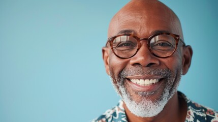 Smiling man with glasses and white beard against blue background.