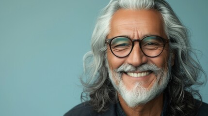 A cheerful older man with a white beard and mustache wearing glasses and a dark shirt smiling against a blue background.
