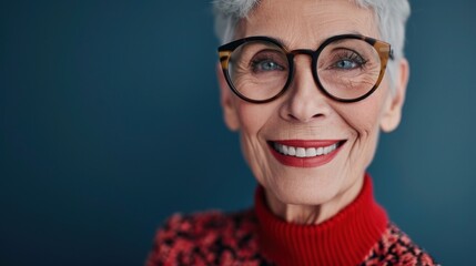 Elegant woman with short gray hair wearing round glasses smiling with red lipstick in a red turtleneck against a blue background.