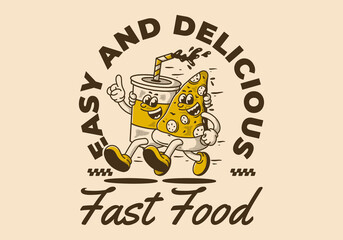 Fast food, easy and delicious. Character illustration of running pizza and soft drink