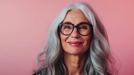 A smiling woman with silver hair and black glasses set against a pink background.