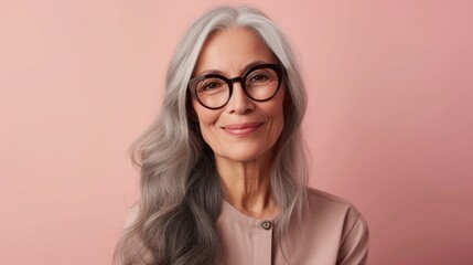 Fototapeta premium A smiling woman with gray hair and glasses wearing a light pink blouse against a soft pink background.