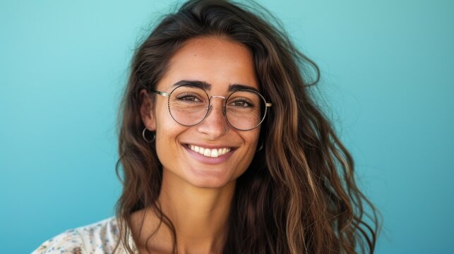 A woman with long wavy hair wearing glasses and a floral top smiling against a light blue background.