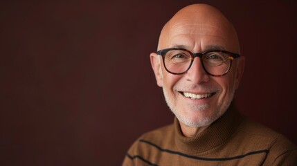 Obraz premium Smiling bald man with glasses and beard wearing brown sweater.
