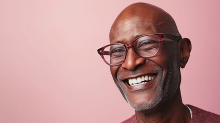 Smiling bald man with glasses and gray beard against pink background.