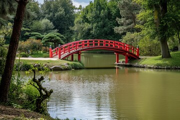 beautiful view of an artificial bridge on a lake