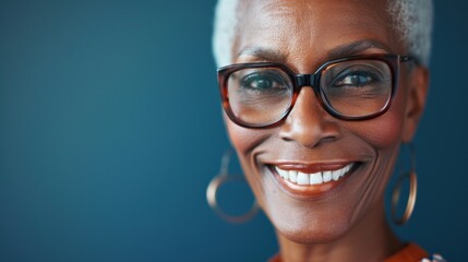 A smiling woman with white hair wearing glasses and gold hoop earrings against a blue background.