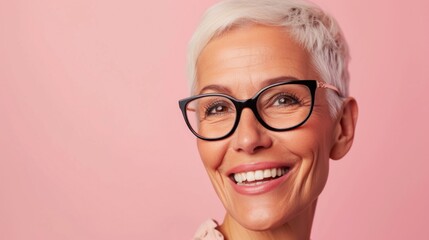 Smiling woman with short blonde hair and black glasses wearing a pink top against a pink background.