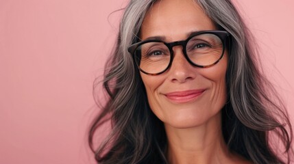 Obraz premium A woman with a warm smile wearing black glasses and having gray hair against a soft pink background.