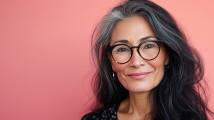 A woman with gray hair wearing glasses and a black top smiling against a pink background.