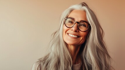 A woman with long gray hair wearing glasses smiling warmly at the camera.