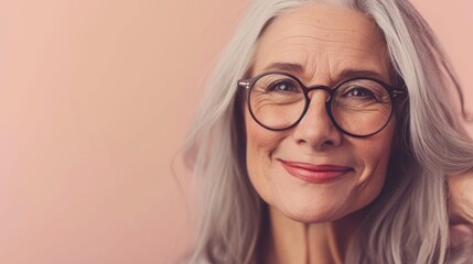 A smiling elderly woman with gray hair and glasses against a soft pink background.
