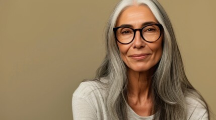 A serene-looking older woman with silver hair and glasses wearing a white top against a neutral beige background.