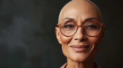Fototapeta na wymiar A bald woman with glasses smiling against a dark background.